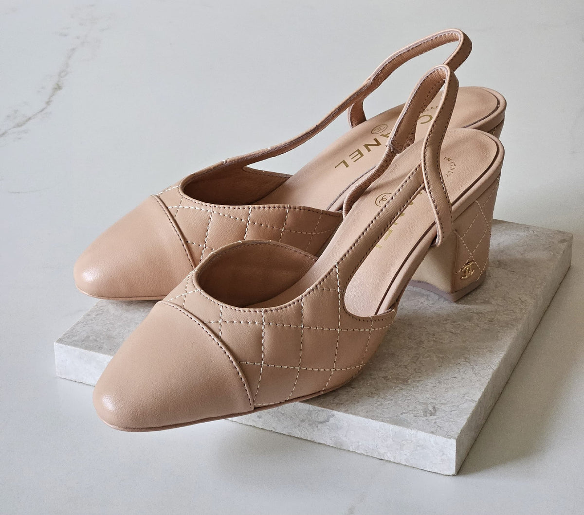 Chanel Quilted Slingback Heels - Beige