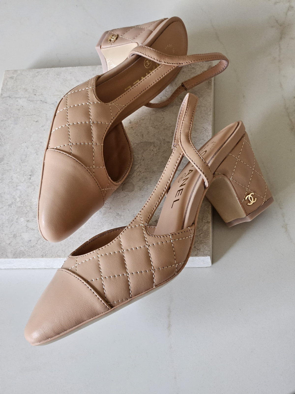 Chanel Quilted Slingback Heels - Beige