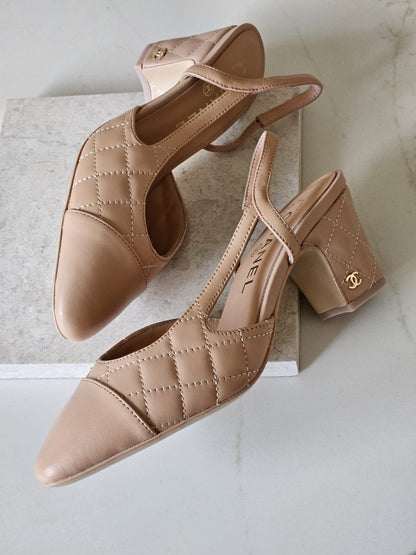 Chanel Quilted Slingback Heels - Beige