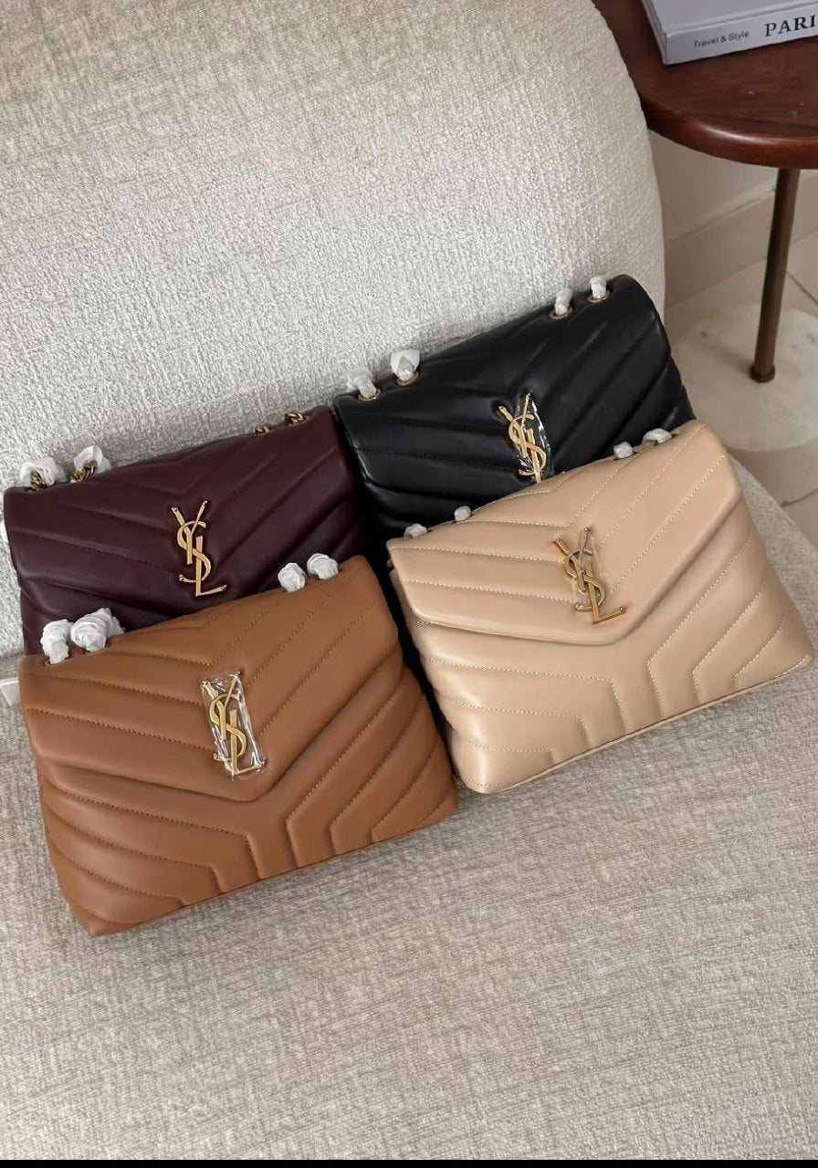 YSL Chevron Quilted Shoulder Bag - Black, Beige, Burgundy, Light Beige