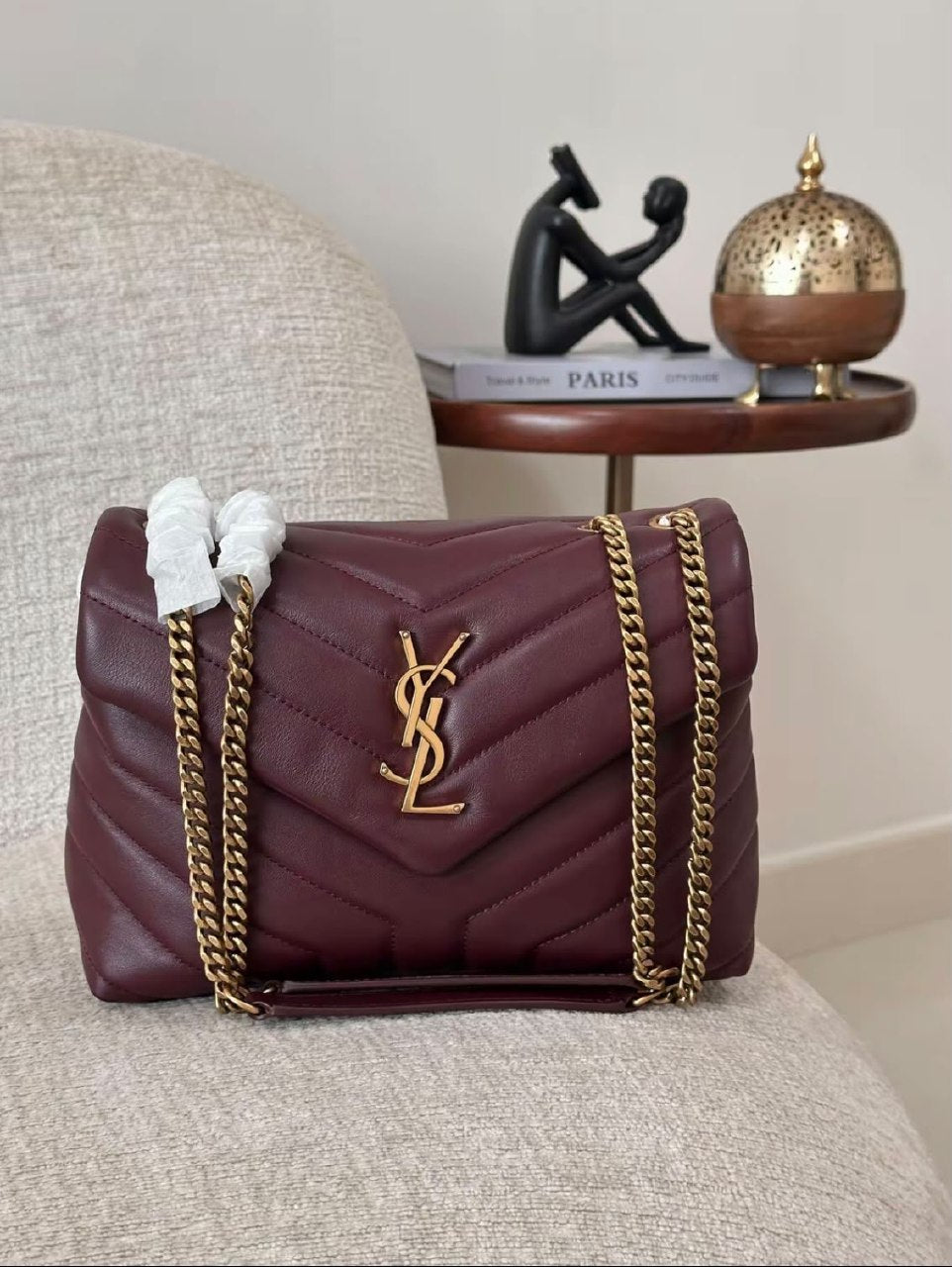 YSL Chevron Quilted Shoulder Bag - Black, Beige, Burgundy, Light Beige