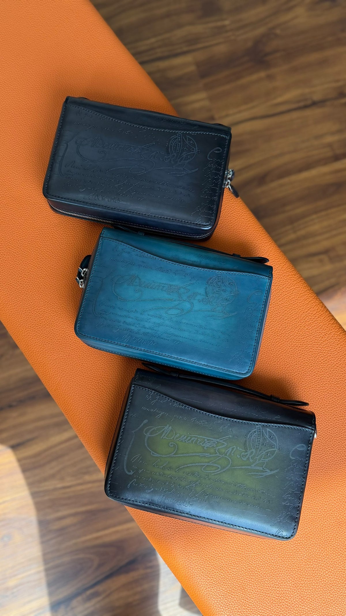 Berluti Itauba Wide Zipped Clutch - Navy, Blue, Green