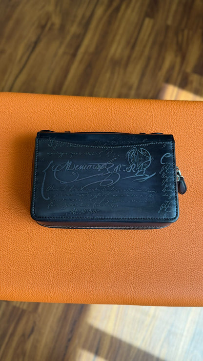 Berluti Itauba Wide Zipped Clutch - Navy, Blue, Green
