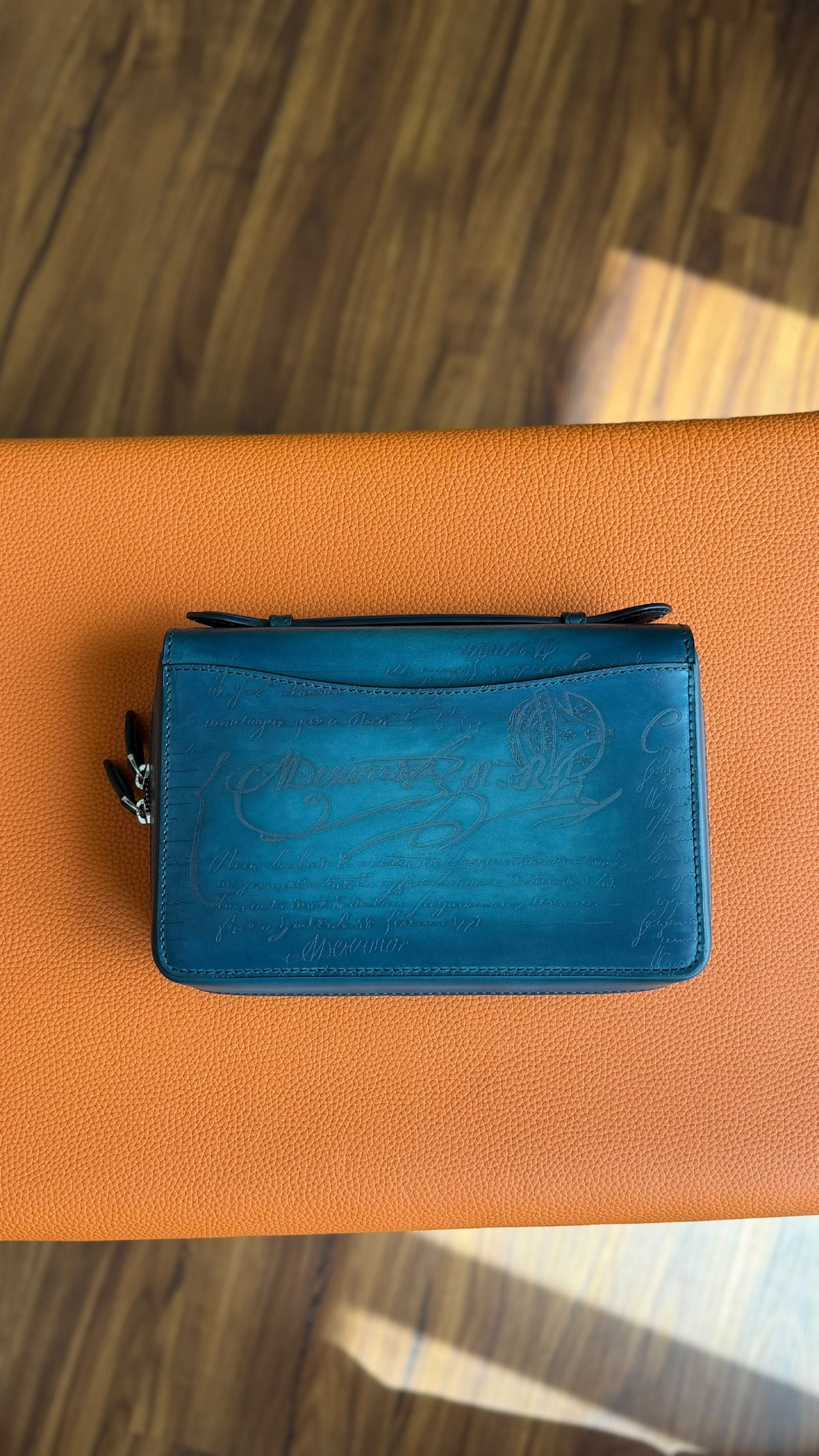 Berluti Itauba Wide Zipped Clutch - Navy, Blue, Green