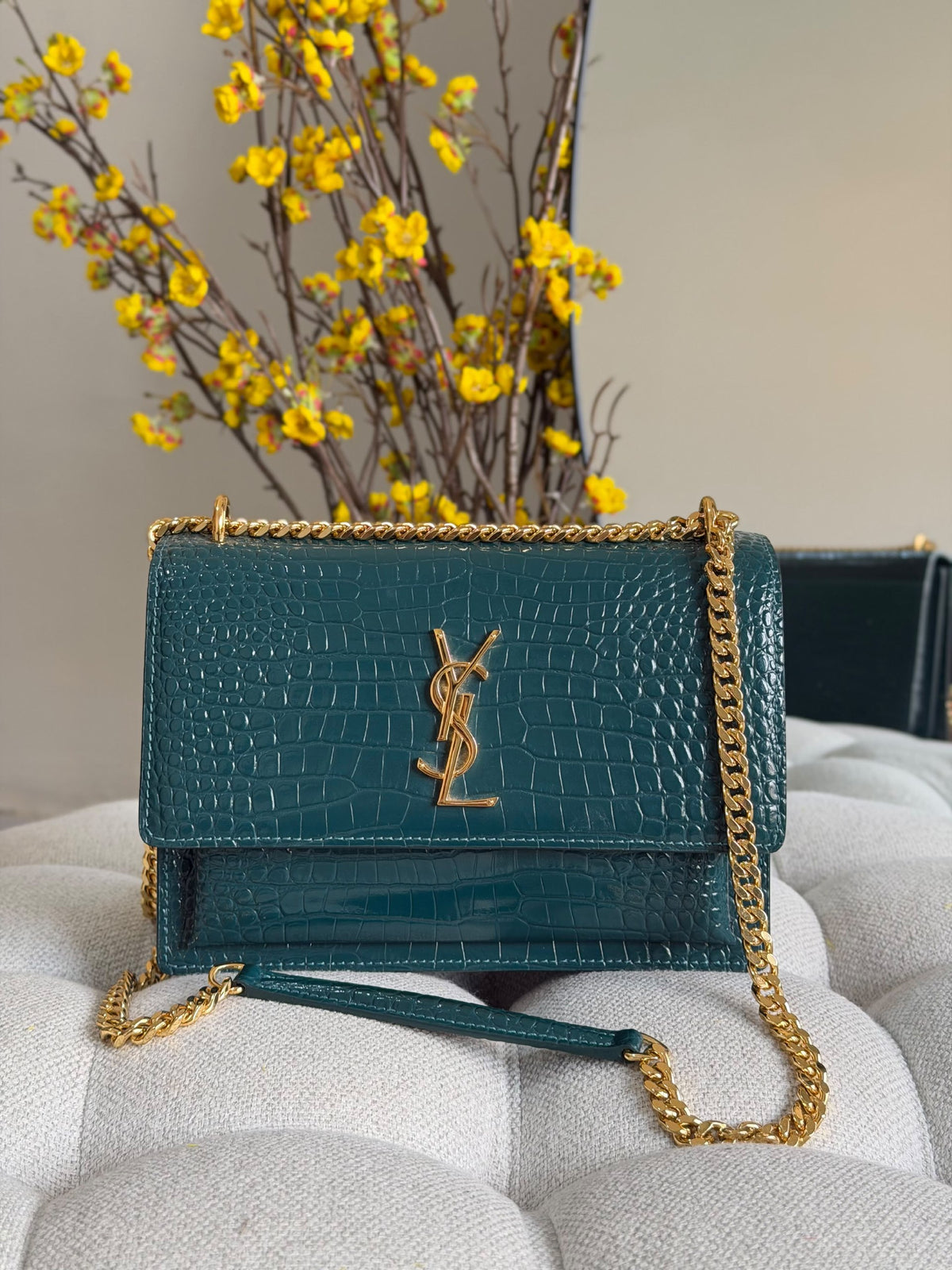 YSL Shoulder Bag Croc Flap - Blue Embossed