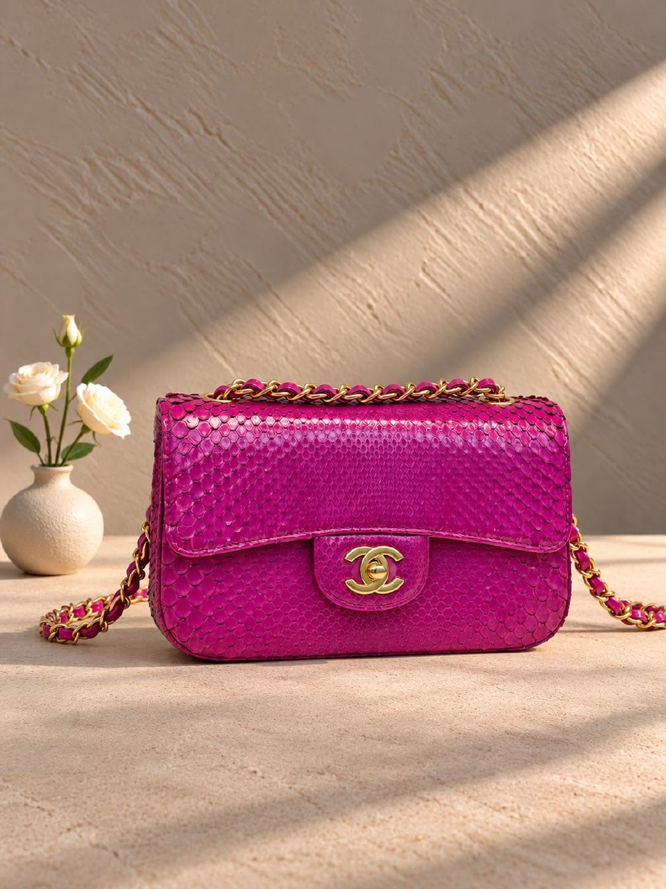 Chanel Snake-Scale Flap Shoulder Bag - Pink Snake Print