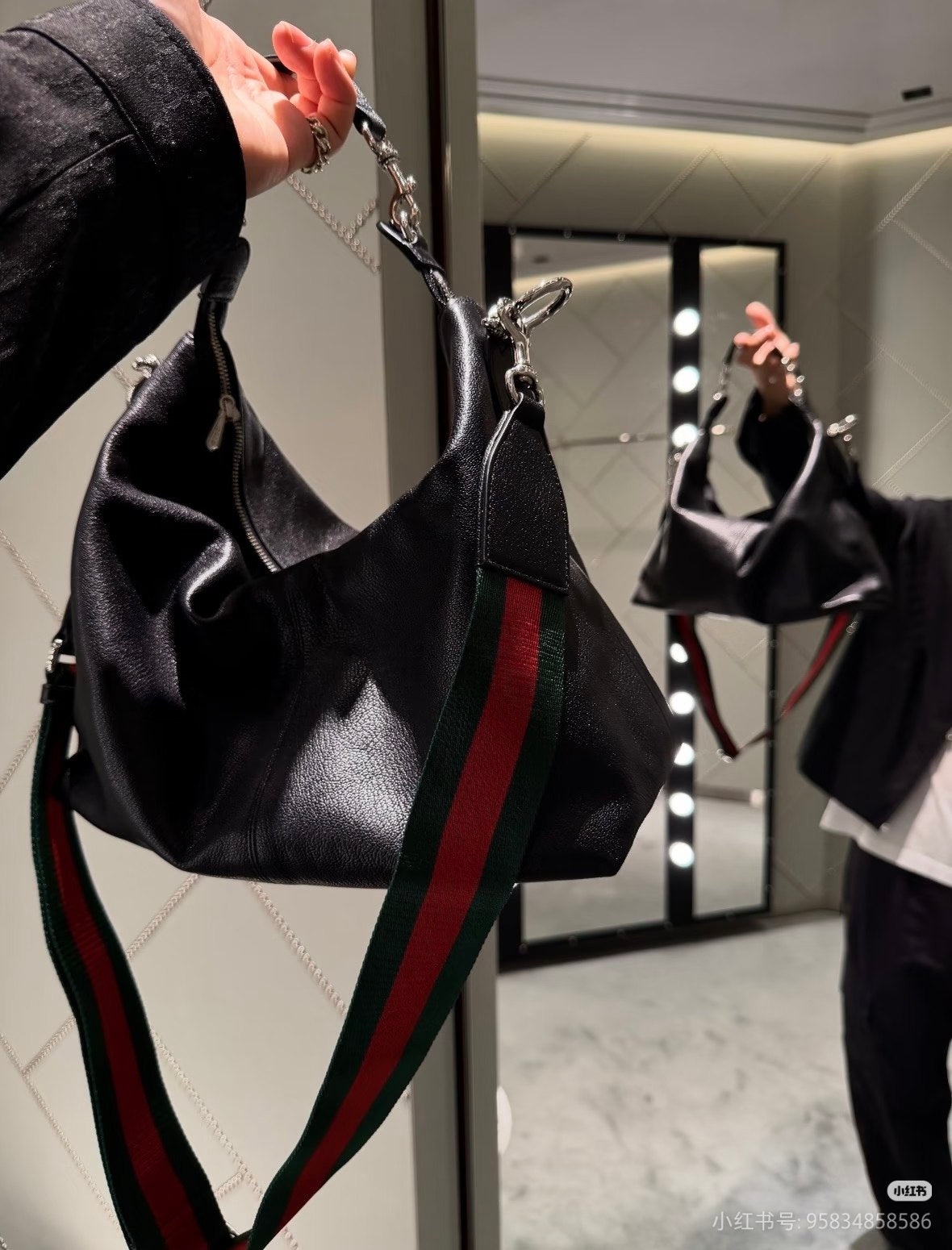 Gucci Web Strap Leather Hobo Shoulder Bag - Black