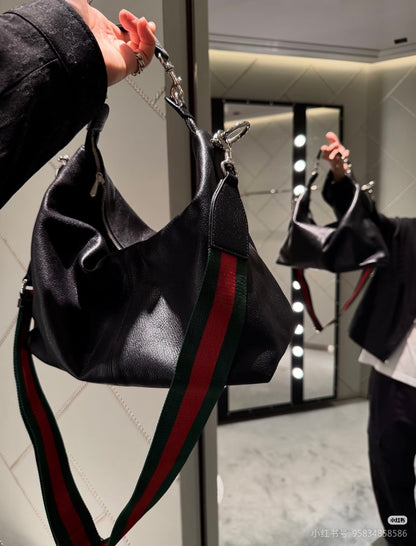 Gucci Web Strap Leather Hobo Shoulder Bag - Black