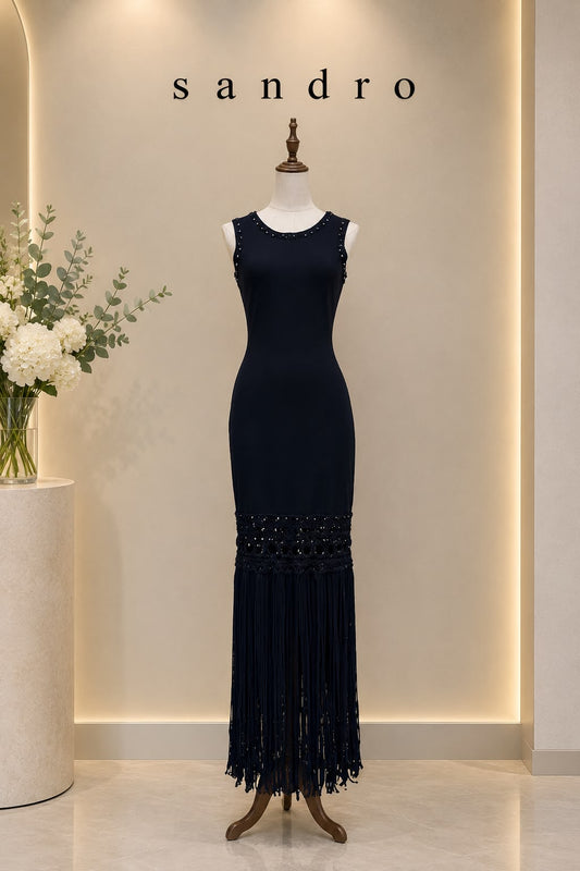 Sandro Fringe Hem Dress - Navy