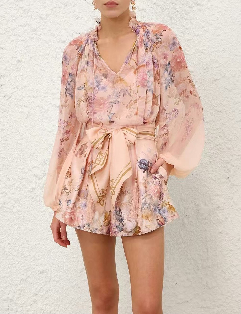 Zimmermann Ruffle-Neck Romper - Pink