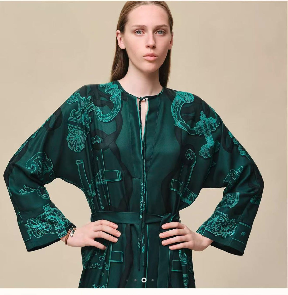 Hermès Dress V Neck Belted - Green