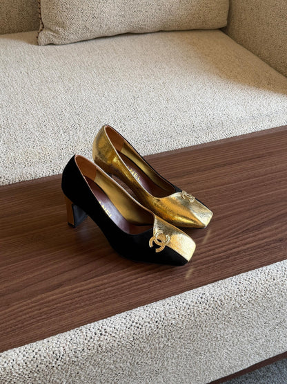 Chanel Square-Toe Heels - Black, Gold