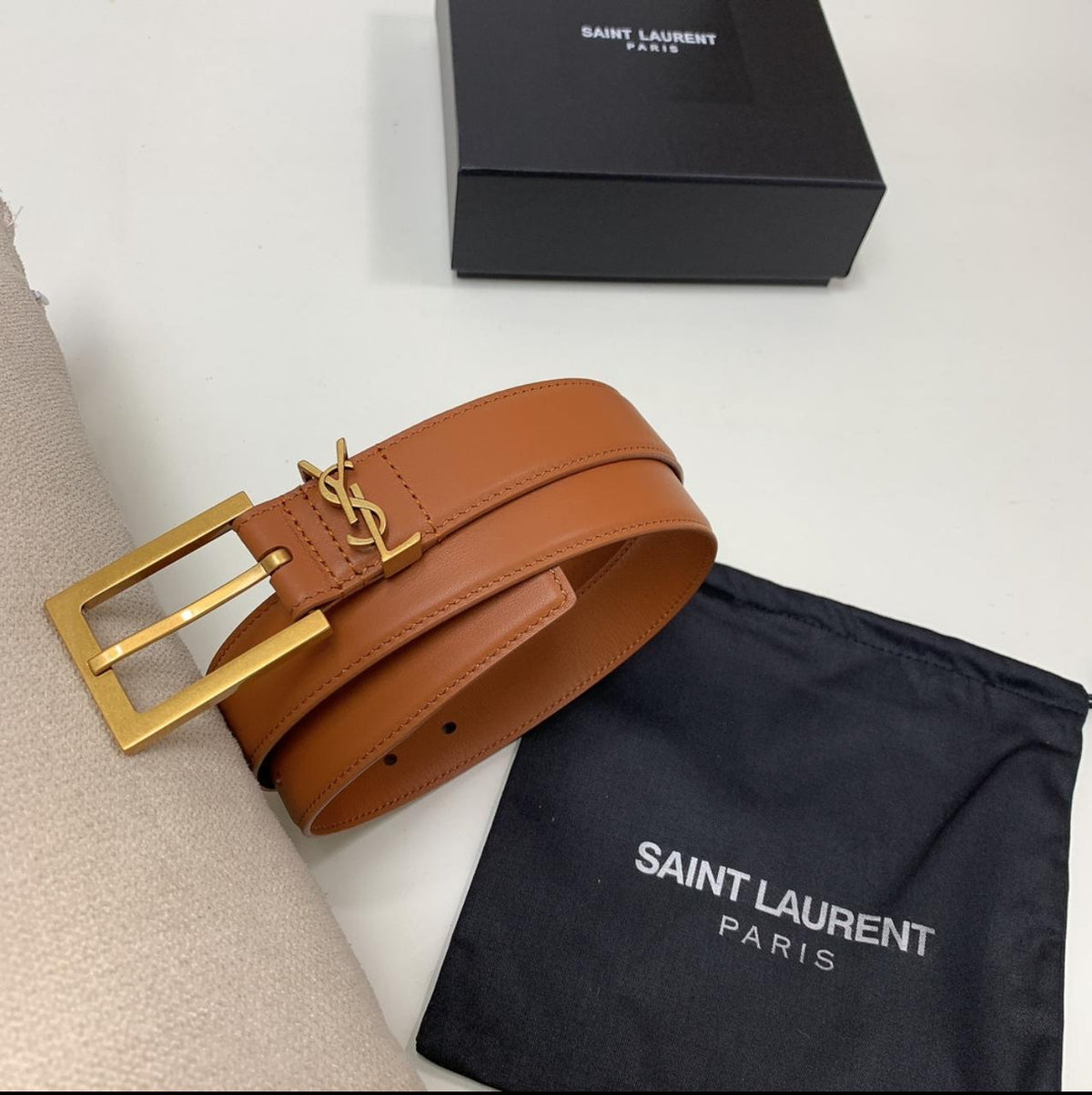 YSL Logo Buckle Belt - Brown