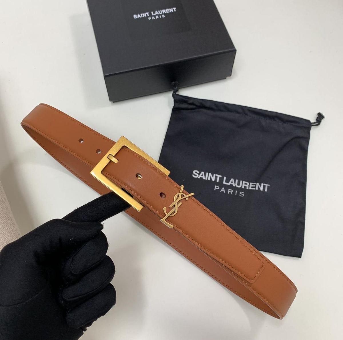 YSL Logo Buckle Belt - Brown